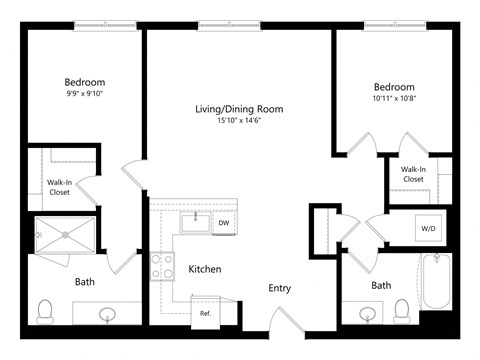 Floor plan for 2 beds, 2 baths, 1018 sqft